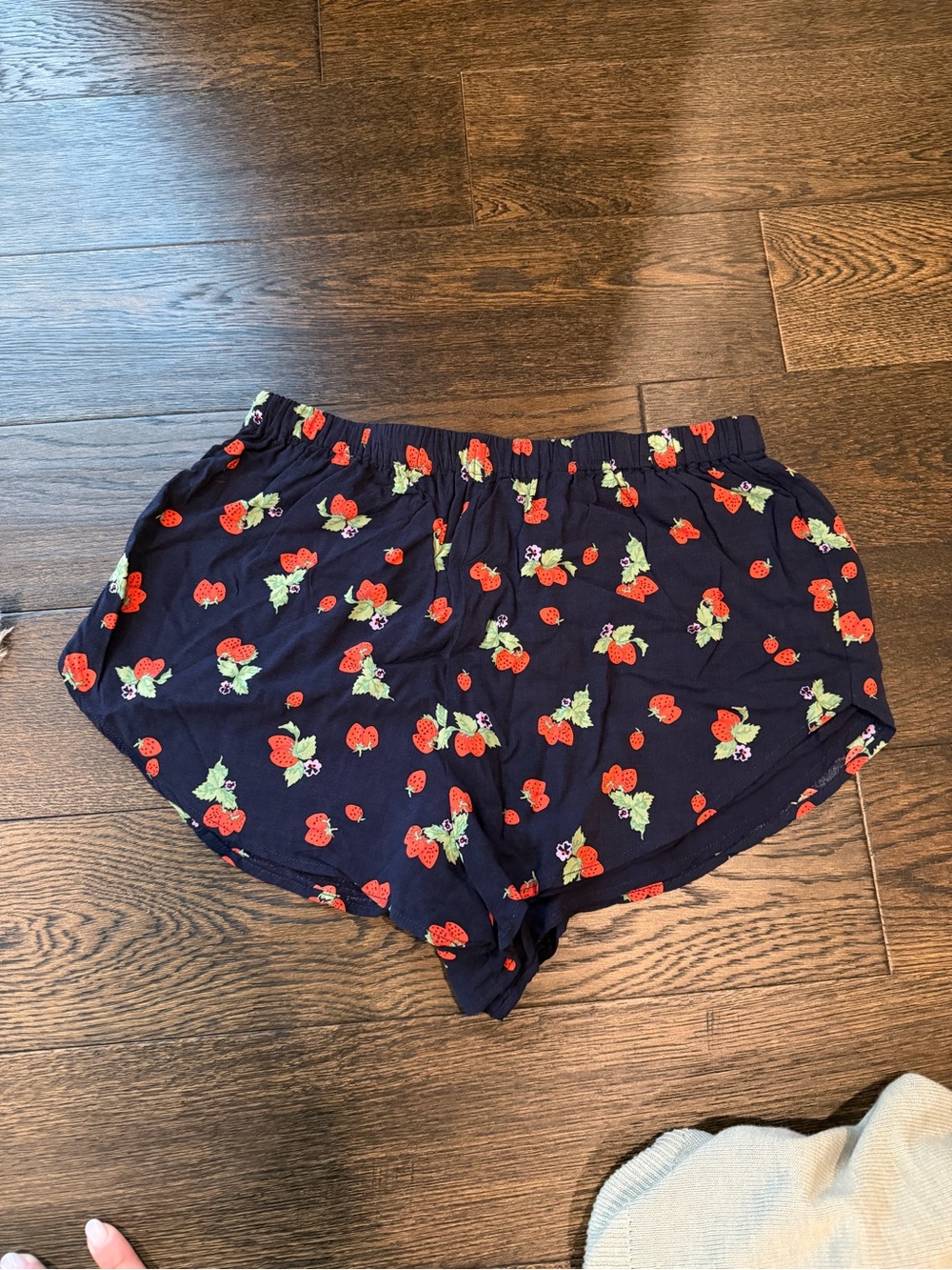 Aritzia Sunday Best Navy Shorts with Red Strawberry Print